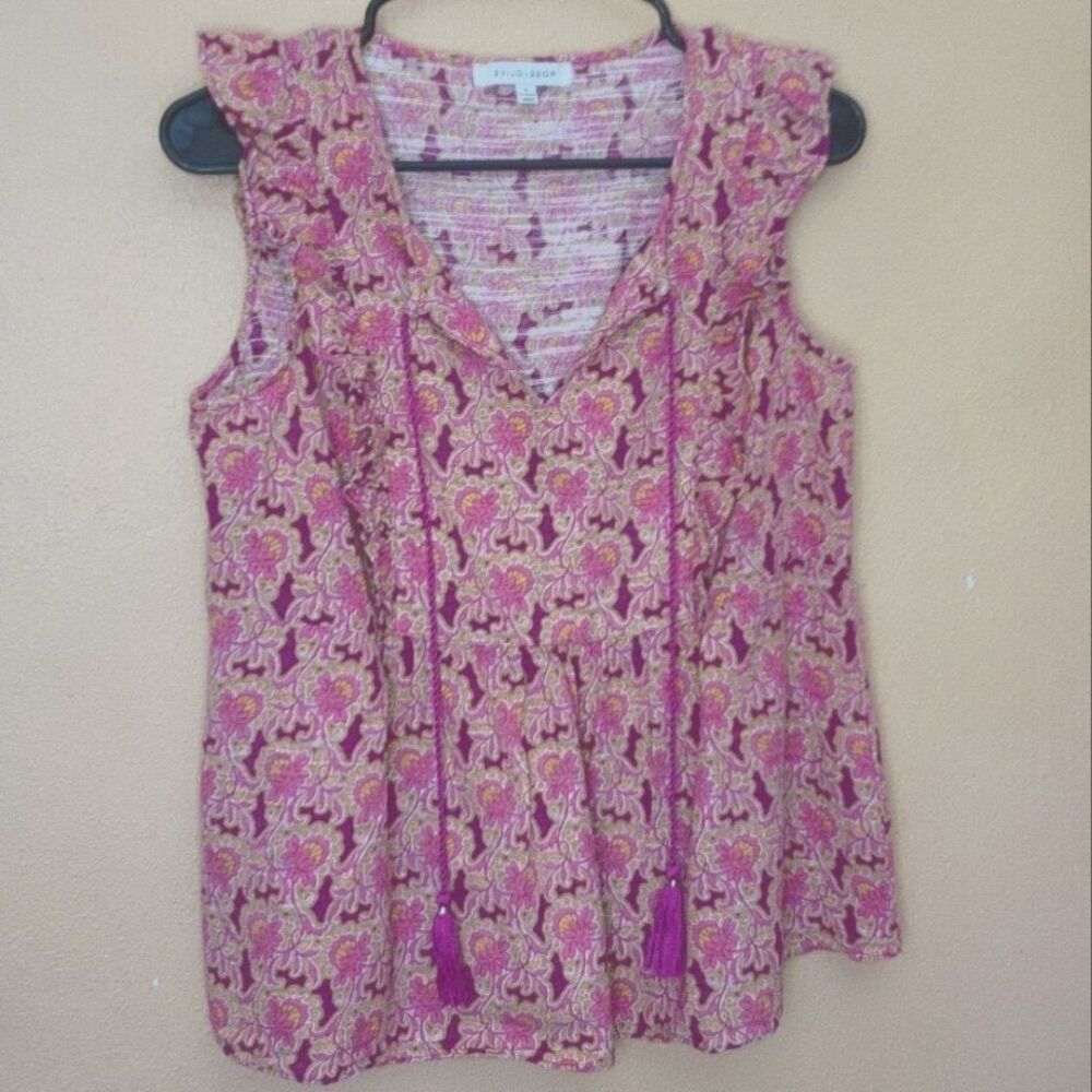 Rose + Olive ruffled pink floral sleeveless peasant top M